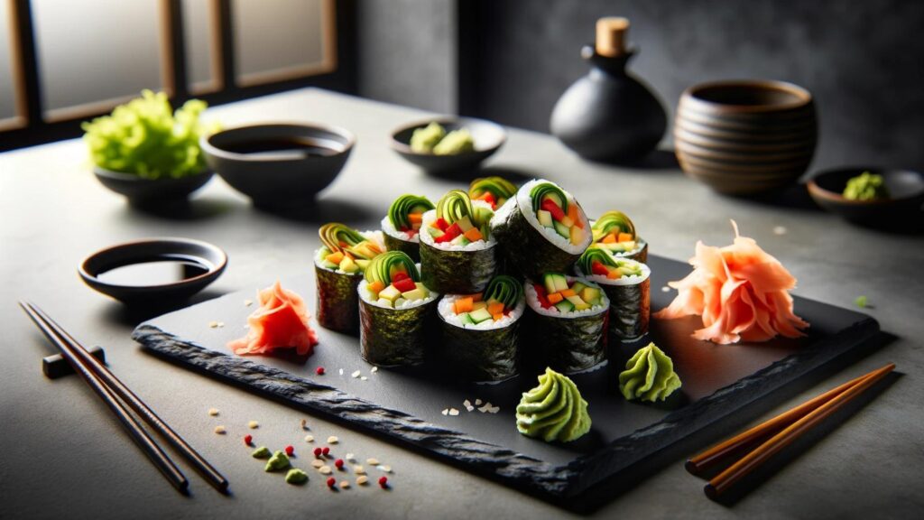 Elegant vegan sushi rolls with avocado, cucumber, and carrot on a dark slate plate, garnished with ginger and wasabi.